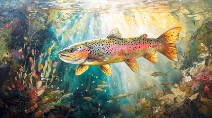 Close-Up View of Trout Swimming Through Underwater Environment with Sunlight Rays