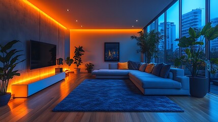 Modern Living Room Interior Nighttime City View
