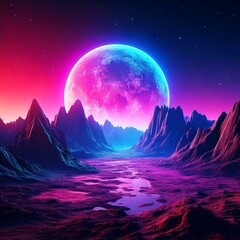 A dramatic sci-fi alien world with pink and purple skies, glowing planets, and surreal jagged peaks.
