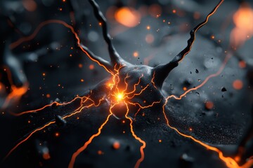 Alzheimer's disease brain concept. A mesmerizing close-up of a glowing, electric network, featuring bright sparks amidst a dark, textured background, evoking a sense of dynamic energy and motion.