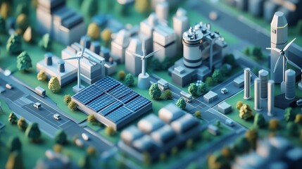 Obraz premium Sustainable Urban Development With Solar Panels, Wind Turbines, and Green Spaces in a Modern City Layout