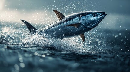 Fototapeta premium Dramatic Close-Up of Tuna Leaping Out of Water in a Splash of Dynamic Action