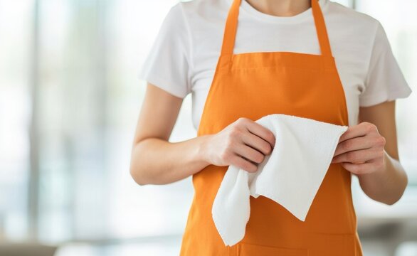 Person wearing an orange apron holding a cloth in a cafe