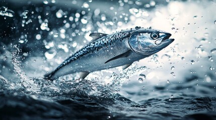 Fototapeta premium Dynamic Mackerel Leaping from Water with Splashes and Glimmering Droplets