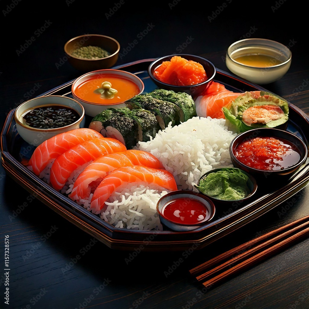 Wall mural a visually appealing sushi and sashimi platter with an array of colorful fish and rolls, served on a