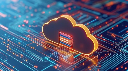 Document convert cloud concept. A vibrant digital illustration of a cloud symbol with servers, representing cloud computing and data storage technology.