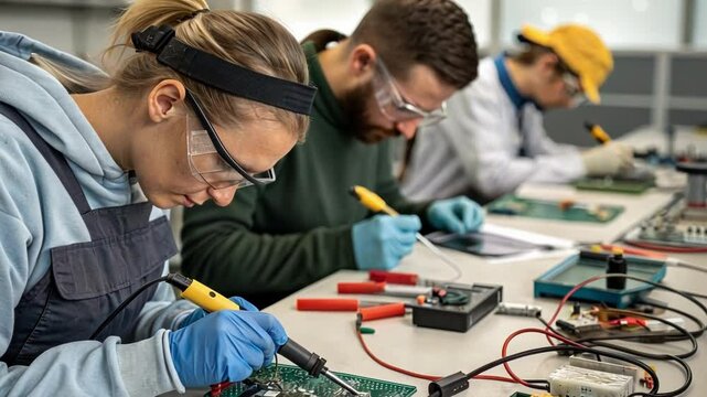 Female and male electronics technicians are meticulously soldering components onto circuit boards, showcasing their expertise in a contemporary workshop environment