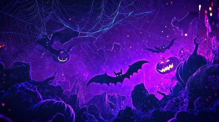 Glowing purple Halloween scene with bats, pumpkins, and spiderwebs.