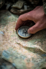 A hand gripping a compass on a military map, symbolizing direction and strategy