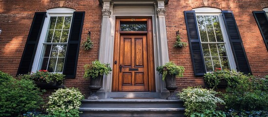 Fototapeta premium Elegant Brick House Entrance with Wooden Door