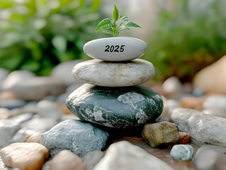 A small plant sprouts from a stone marked "2025," balanced atop a stack of other stones, symbolizing growth and new beginnings for the new year.