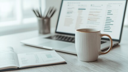 Procurement Management Industry concept. A cozy workspace featuring a laptop, notebook, and coffee mug, ideal for productivity and creativity.