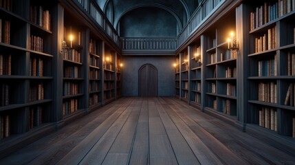 Fototapeta premium A dimly lit library featuring tall bookshelves filled with books, wooden flooring, and a gothic architectural design.