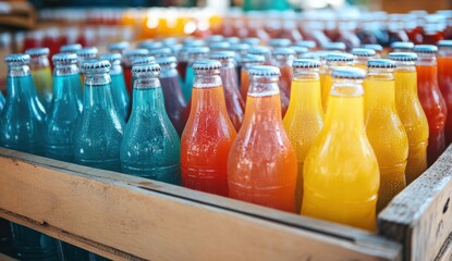 Colorful assortment of bottled beverages displayed at market