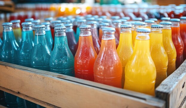 Colorful assortment of bottled beverages displayed at market