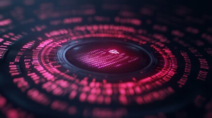 A futuristic design featuring concentric circles of glowing binary code in vibrant red tones, suggesting advanced technology and digital themes.