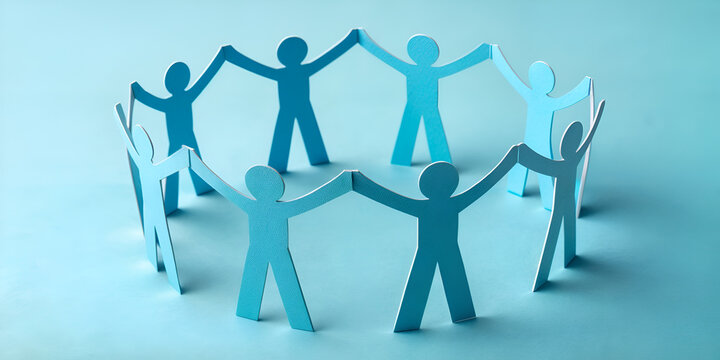 a circle of blue paper cutouts representing people, holding hands, symbolizing unity and collaboration.