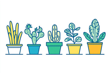 Obraz premium Set of simple vector line art cacti and houseplants in pots, vector outline set collection
