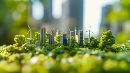 Miniature Urban Landscape Surrounded by Greenery Showcasing Renewable Energy Elements in a Modern City Setting