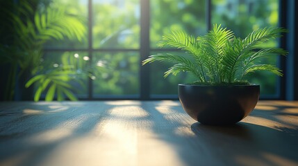 Fototapeta premium Sunlit plant in pot on wooden table by window.