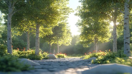 Fototapeta premium Sunlit path through lush green forest.