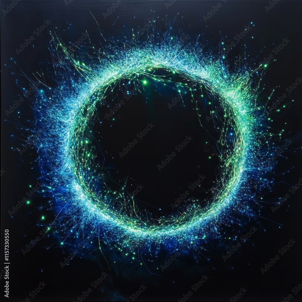 Poster colorful circular pattern with glowing edges created by intricate lines and points of light on a dar