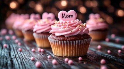 A close-up of decorated cupcakes with pink frosting and heart-shaped "Mom" toppers.