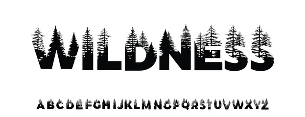 Wildness word made from outdoor wilderness treetop lettering. a,b,c,d,e,f,g,h,i,j,k,l,m,n,o,p,q,r,s,t,u,v,w,x,y,z