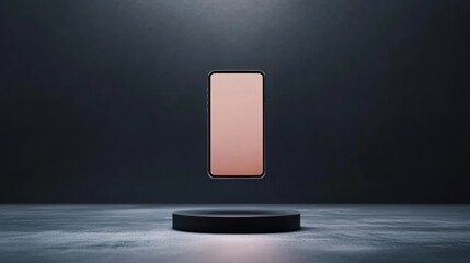 A modern smartphone levitates above a sleek platform, surrounded by a dark, minimalist backdrop, showcasing its innovative design.