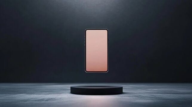 A modern smartphone levitates above a sleek platform, surrounded by a dark, minimalist backdrop, showcasing its innovative design.
