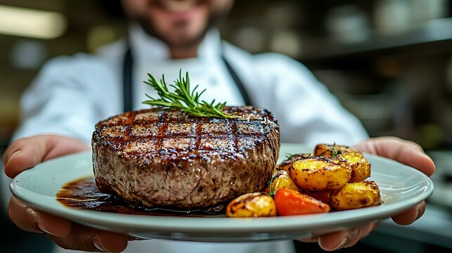 A chef presenting a perfectly plated dish with pride, reflecting the joy of accomplishment