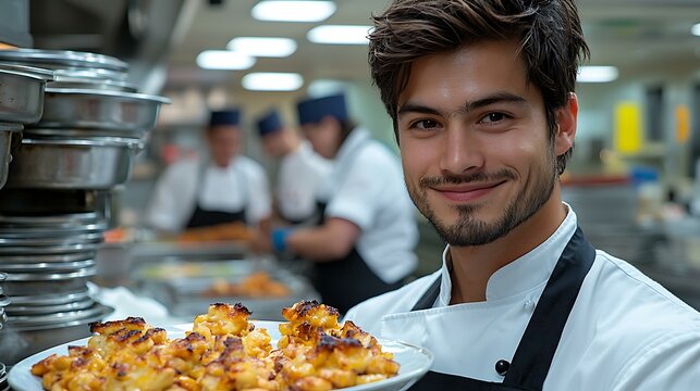A chef presenting a perfectly plated dish with pride, reflecting the joy of accomplishment