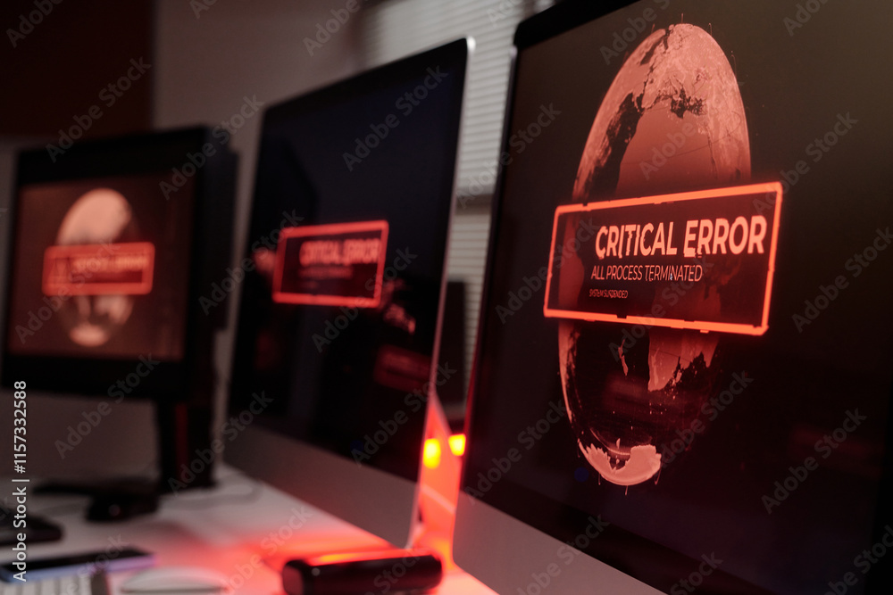 Aufkleber Row of desktop computer monitors with critical error on screens standing on workplace of IT engineer or programmer