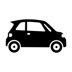 A simple black silhouette of a small compact car, viewed from the side.