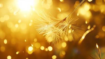 Fototapeta premium Golden sunlight illuminates dandelion seeds drifting in the air during a serene afternoon