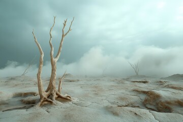 In a post-apocalyptic landscape, skeletal trees reach toward a dim sky, their twisted forms evoking an eerie stillness in a world long lost
