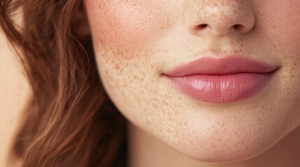 A close-up of a woman's mouth and cheeks, showcasing natural lip color and freckles, highlighting a fresh and youthful appearance.