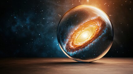 A Stunning Swirling Galaxy Captured Inside a Transparent Glass Sphere, Radiating Cosmic Beauty and Infinite Wonder in a Starry Background