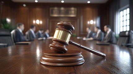 Gavel on conference table; blurred businessmen.