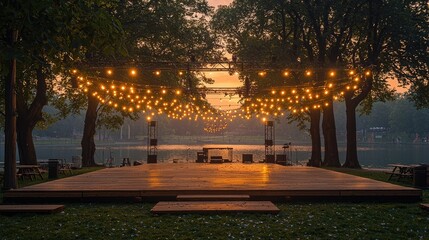 Obraz premium A serene outdoor stage adorned with string lights, perfect for events by the water.