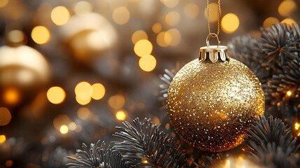 Sparkling gold Christmas ornament hanging on a dark green tree branch with warm bokeh lights.