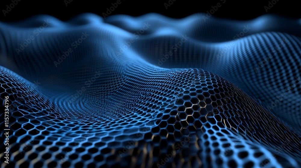 Aufkleber Abstract Blue Wave Pattern Resembling Hexagonal Mesh Structures in a Dark Setting Showcases Depth and Dimension