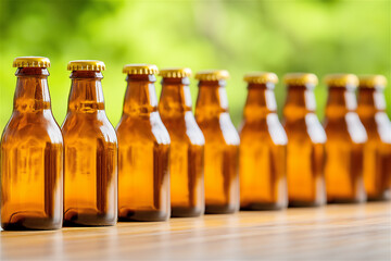 Row of glass beer bottles lined up on a wooden surface in an outdoor setting, showcasing craftsmanship, refreshment, and a casual summer vibe.
