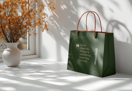 Elegant Paper Bag Mockup Created with AI &ndash; High-Resolution 300 PPI, Fully Customizable Design for Branding and Packaging Visualization
