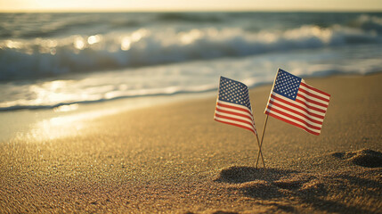 Memorial Day remembrance with flags on the beach at sunset. 