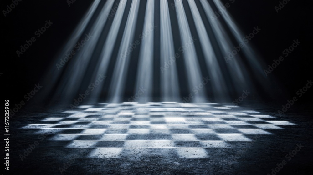 Aufkleber A dimly lit checkered floor illuminated by beams of light, creating a dramatic and mysterious atmosphere.