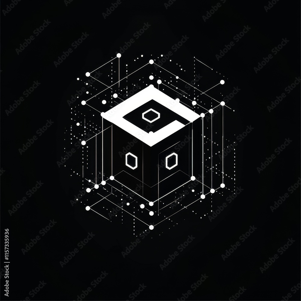Poster digital cube design with geometric patterns and intricate lines on a black background showcasing mod