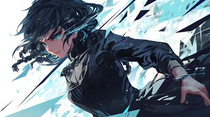 Young anime character with black hair and clothing, dynamic action