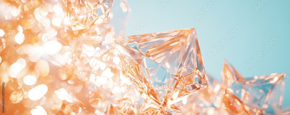 Poster A shimmering arrangement of crystalline shapes reflecting light, creating a captivating blend of colors and textures against a soft blue backdrop.