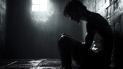 Solitary Figure In Rain Soaked Prison Cell